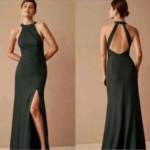 BHLDN Anthropologie Lennox Halter Crepe Gown Bridesmaid Dress Emerald Green 10